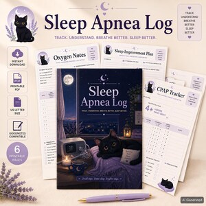 Pode incluir: Um conjunto de registo de apneia do sono imprimível com uma ilustração de gato preto, esquema de cores roxo e várias páginas de rastreio como Oxygen Notes, Sleep Improvement Plan e CPAP Tracker com o texto: Track, Understand, Breathe Better, Sleep Better.