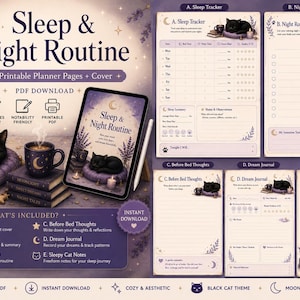 May include: A digital sleep and night routine planner set featuring five printable pages and a cover. The design includes illustrations of black cats, lavender, and crescent moons in a purple color palette. Text includes Sleep & Night Routine.