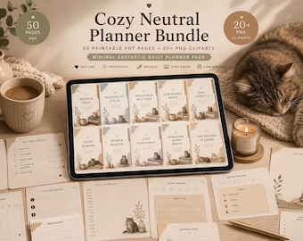 Printable Planner Bundle | 50 PDF Pages + 20 PNG Cliparts | Neutral Digital Planner | Cozy Cat