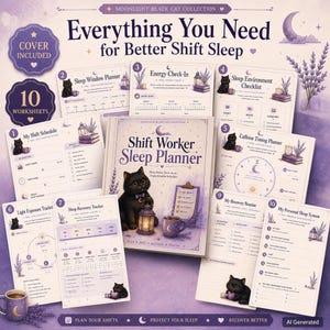 May include: A Shift Worker Sleep Planner book surrounded by 10 worksheets from the Moonlight Black Cat Collection. The materials feature purple and white designs with black cat illustrations, lavender sprigs, and text including Everything You Need for Better Shift Sleep.