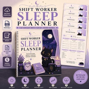 Peut inclure: Un agenda de sommeil pour travailleurs postés à reliure spirale avec une couverture violette et noire illustrée d'un chat noir, d'un bouquet de lavande, d'un réveil, d'un petit carnet et d'une bougie. Le texte indique Shift Worker Sleep Planner, Plan Your Sleep, Protect Your Rest, Perform Your Best, Rest is Productive et Rest Refuel Repeat.