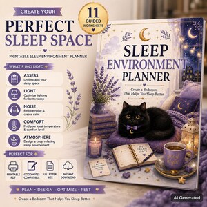 May include: A printable sleep environment planner featuring 11 guided worksheets. The cover displays a black cat on a purple cushion, a notebook, a mug labelled good night, a candle, and lavender. Text includes CREATE YOUR PERFECT SLEEP SPACE.