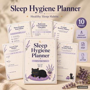 May include: A Sleep Hygiene Planner with 10 pages, including a Sleep Hygiene Assessment, Bedroom Environment Checklist, Evening Routine Planner, Screen Time Tracker, and Caffeine & Alcohol Tracker. The cover features a black cat on a purple pillow.