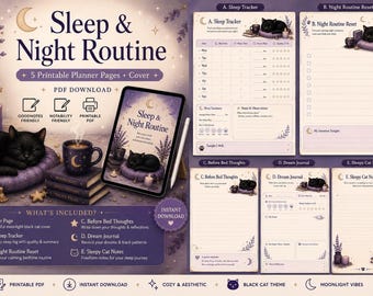 May include: A digital sleep and night routine planner set featuring five printable pages and a cover. The design includes a black cat theme with purple and cream colors, featuring text such as Sleep & Night Routine, Sleep Tracker, and Dream Journal.