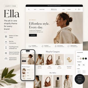 May include: A digital display of the Ella Shopify theme featuring a website layout with a hero section, shop by category grid, and best sellers list. The interface includes product images, navigation menus, and customization settings for colors and typography.
