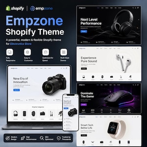 Puede incluir: Una visualización digital del tema Shopify Empzone para tiendas de electrónica, mostrando diseños de sitios web en una laptop y un smartphone. La interfaz incluye imágenes de productos como auriculares, audífonos, un ratón gaming y un reloj inteligente.