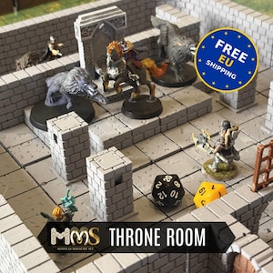 May include: A modular gray stone dungeon throne room set featuring miniature figures including a rider on a horse, two wolves, and a warrior with an axe. The set includes a stone archway, square pillars, and two polyhedral dice, one black and one yellow.