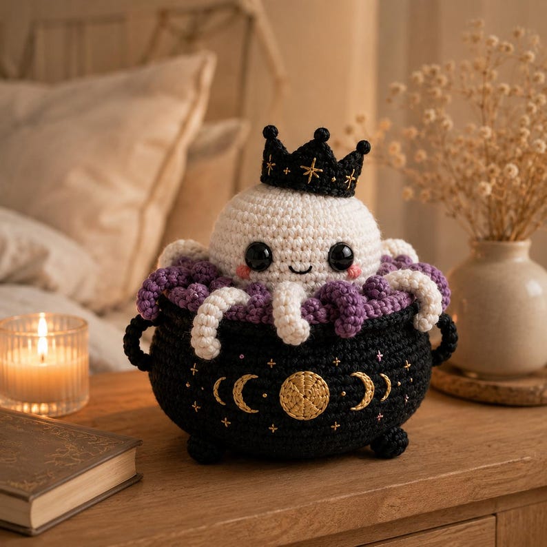May include: A crocheted white octopus with black eyes and pink cheeks wearing a black crown, sitting inside a black crocheted cauldron. The cauldron features gold embroidered moon phases and stars, with purple and white tentacles spilling over the rim.