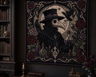 May include: A square cross-stitch tapestry featuring a plague doctor in a top hat and bird mask, holding a potion bottle. The scene includes a full moon, two ravens, and dark red and purple roses, all framed within an ornate, gothic-style border.