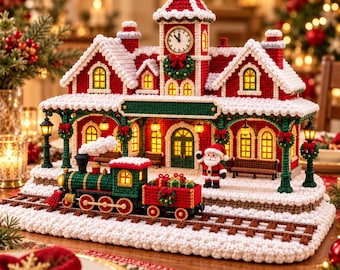 May include: A crocheted Christmas train station display featuring a red and white building with a clock tower, green trim, and snow-covered roofs. A green and red steam train with a cargo of gifts sits on tracks, accompanied by a small Santa figure.