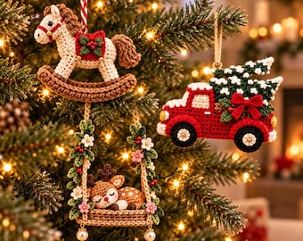 May include: Three crocheted Christmas ornaments hanging on a tree: a white rocking horse with a red saddle, a red truck carrying a green Christmas tree with a red bow, and a brown fawn sleeping on a swing decorated with green leaves and flowers.