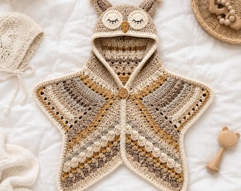 Star Baby Blanket Crochet Pattern, Sleepy Owl Hooded Baby Wrap PDF, Owl Star Blanket Pattern