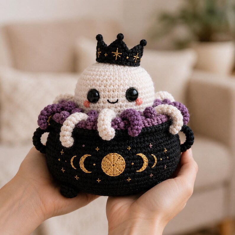 Octopus in Cauldron Crochet Pattern, Halloween Amigurumi PDF, Crochet Octopus Plush, Witchy Cauldron Toy image 3