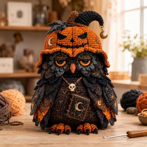 Patrón de amigurumi a crochet, Búho Calabaza Gótico Espeluznante en PDF, Peluche Familiar de Halloween, Descarga Instantánea