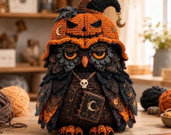 Amigurumi Crochet Pattern, Creepy Gothic Spooky Pumpkin Owl PDF, Halloween Familiar Plush, Instant Download