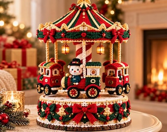 Puede incluir: Una decoración de carrusel navideño tejida a ganchillo con un pilar central a rayas rojas y blancas, una estrella amarilla en la parte superior y un pequeño muñeco de nieve conduciendo un tren. Adornado con hilo rojo y verde, lazos y farolillos.