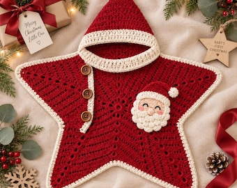 Christmas Star Baby Crochet Pattern, Santa Hooded Wrap, Five Point Baby Blanket, Holiday Photo Prop, Digital PDF