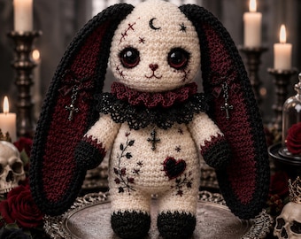 Crochet Gothic Bunny Pattern, Dark Creepy Halloween Amigurumi PDF, Nocturne Rose Plush, Instant Download