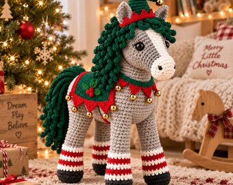 Christmas Horse Crochet Pattern, Horse Amigurumi, Festive Pony with Bells, Holiday Home Decor, Digital PDF