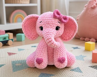 Elephant Amigurumi Crochet Pattern, Pink Bow Elephant PDF, Cute Plush Crochet Toy, Instant Download