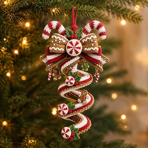 Puede incluir: Un adorno de árbol de Navidad tejido a crochet con dos bastones de caramelo en la parte superior, un lazo grande marrón y blanco y una cinta en espiral. El adorno está decorado con pequeñas figuras de jengibre, caramelos de menta y hojas de acebo.