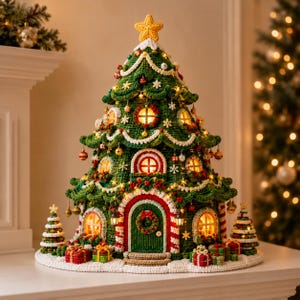 Op de afbeelding: Een gehaakt kerstboomhuisje met een groene kegelvormige structuur, witte randen, een gele ster als piek en verlichte ramen. De basis is versierd met kleine gehaakte boompjes en cadeautjes, allemaal geaccentueerd met kleine hangende ornamenten.