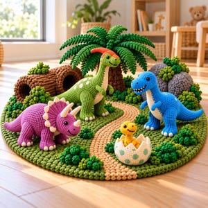 May include: A collection of crocheted dinosaur figures including a purple triceratops, a green parasaurolophus, a blue tyrannosaurus, and a yellow hatchling in a white egg, all arranged on a green textured mat with a palm tree.