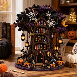 Puede incluir: Una casa árbol de Halloween tejida a ganchillo con follaje marrón oscuro y morado, adornos de telaraña blanca, linternas colgantes y botellas de pociones en miniatura en estantes. La base incluye pequeñas calabazas y un felpudo.