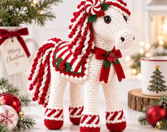 Christmas Horse Crochet Pattern, Candy Cane Horse Amigurumi, Festive Pony Decor, Holiday Gift, Digital PDF