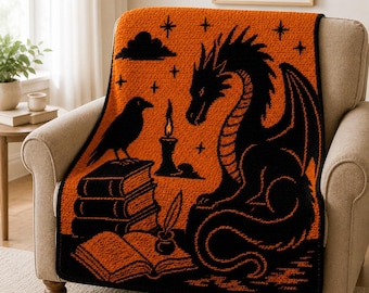 Blanket Crochet Pattern, Emberkeep Dragon Library PDF, Gothic Dragon Crochet Throw, Fantasy Decor