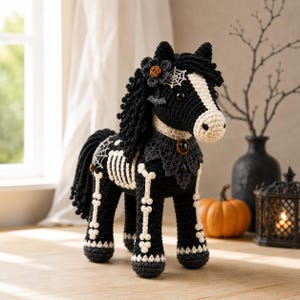May include: A black crocheted horse toy featuring a white skeleton pattern on its body and legs. The horse has a black mane and tail, a white blaze on its face, a dark lace collar with a central gem, and decorative spiderweb and bat accents.