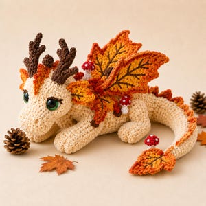 Halloween-drake-virkmönster, hösthorn-drake-amigurumi i PDF-format, virkmönster för plyschfantasi-leksak