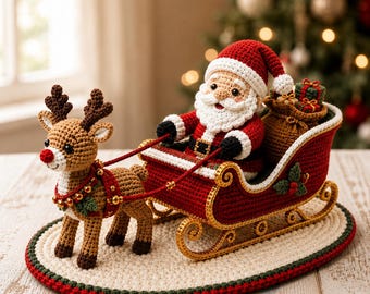 Christmas Santa Sleigh Crochet Pattern, Reindeer Amigurumi, Holiday Sleigh Display, Christmas Decor PDF