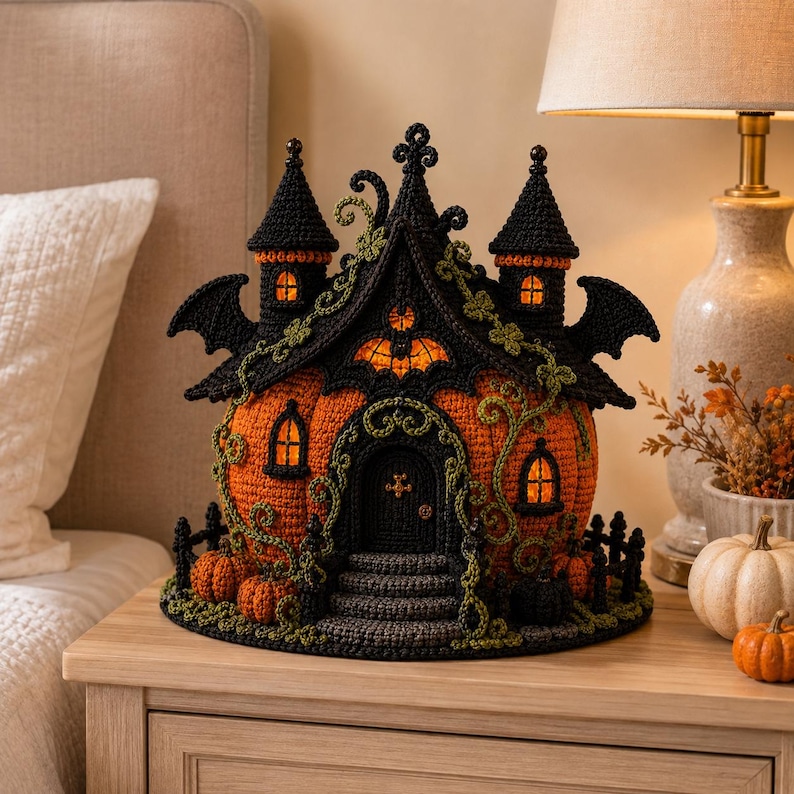 Virkmönster för Halloween-spökhus, pumpaslott i PDF-format, virkad husdekoration med gotisk häxa bild 4