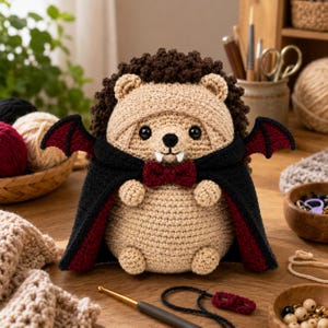 May include: A crocheted hedgehog plush toy featuring a tan body, dark brown textured quills, and a black cape with a deep red lining. The figure includes small black bat wings, a dark red bow tie, and two white fangs protruding from its mouth.