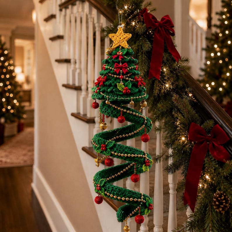 Op de afbeelding: Een hangende gehaakte kerstboomdecoratie met een spiraalvormige groene basis en een gele ster aan de top. De boom is versierd met kleine rode strikjes, rode bessen, groene blaadjes, gouden kralenslingers en bungelende rode en gouden ronde ornamenten.