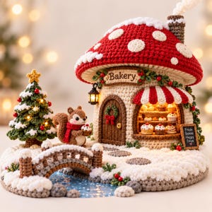 May include: A crochet mushroom-shaped bakery with a red and white spotted roof, a brown door, and a display window filled with pastries. A squirrel stands nearby with a cupcake, next to a Christmas tree and a small arched bridge.