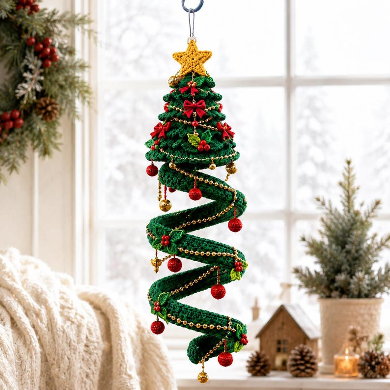 Op de afbeelding: Een spiraalvormige kerstboomversiering gemaakt van groen garen, bekroond met een gele gehaakte ster. De decoratie is versierd met kleine rode strikjes, rode bessen, goudkleurige kralen en bungelende rode bollen, opgehangen aan een zilverkleurige draadlus.