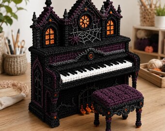 Halloween Piano Crochet Pattern, Gothic Haunted Manor Musical Instrument PDF, Piano Stool Decor