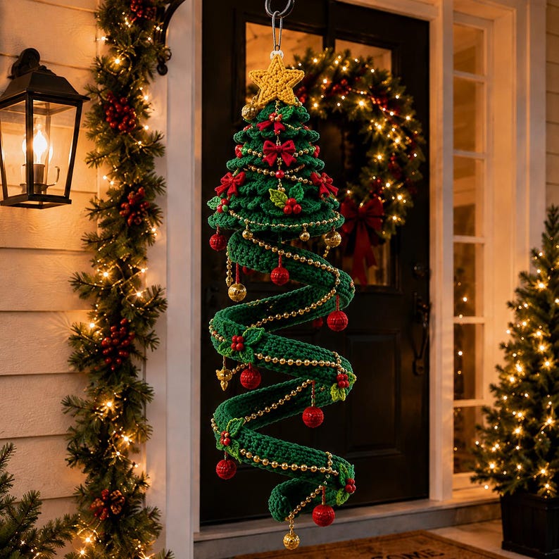 Op de afbeelding: Een hangende spiraalvormige kerstboomdecoratie gemaakt van groen haakgaren. De boom is bekroond met een gele gehaakte ster en versierd met rode strikken, kleine groene hulstblaadjes met rode bessen, gouden kralenslingers en hangende rode ornamenten.