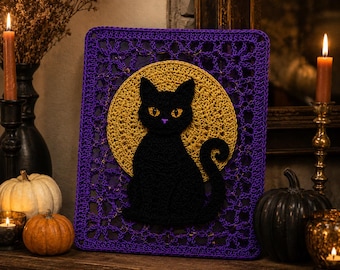 Wall Hanging Crochet Pattern, Black Cat Moon Square PDF, Gothic Crochet Wall Art, Cat Decor Digital Download