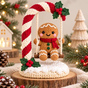 May include: A crocheted gingerbread person with a red scarf sits on a swing suspended from a large red and white striped candy cane. The base is white and textured like snow, decorated with green holly leaves and red berries.