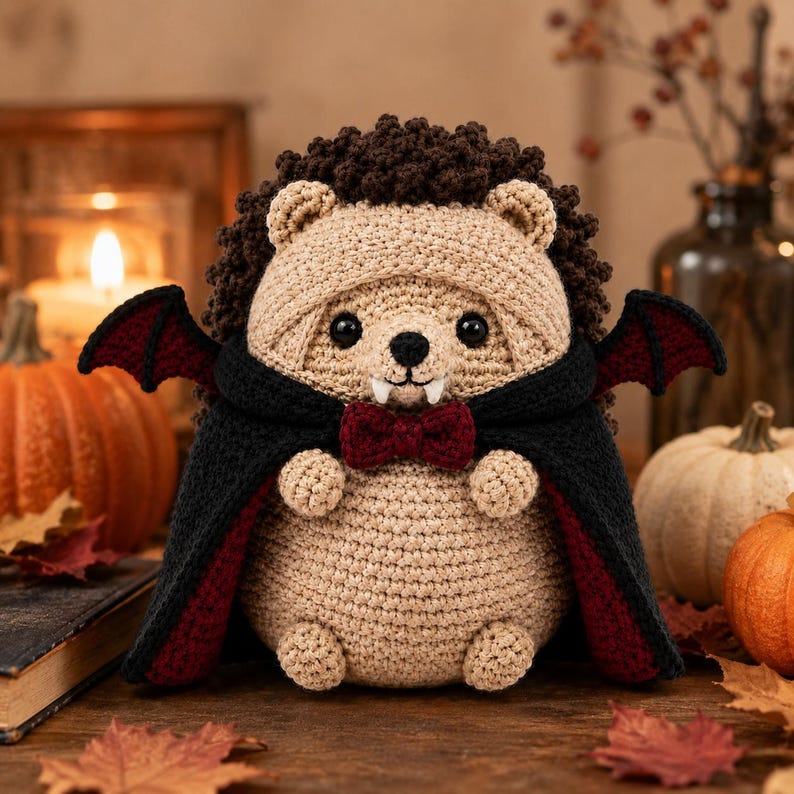 May include: A crocheted hedgehog plush toy wearing a black cape with a dark red lining, small bat wings, and a dark red bow tie. The hedgehog has tan yarn for its face and body, dark brown yarn for its quills, and two small white fangs.