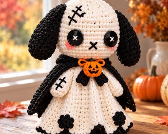 Halloween Ghost Puppy Crochet Pattern, Button Eye Amigurumi, Spooky Dog Plush, Haunted Doll Decor, Digital PDF