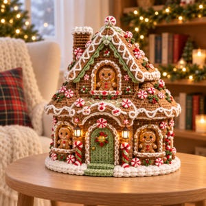 May include: A crocheted gingerbread house featuring brown walls, a green door, and white icing trim. The structure is decorated with red and white peppermint candies and green holly accents. Three small gingerbread figures are visible in the windows.