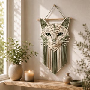 Puede incluir: Un tapiz de macramé con forma de cabeza de gato, elaborado con cordón en color crema y verde salvia. El diseño presenta orejas puntiagudas, rasgos faciales detallados y bigotes largos, suspendido de un listón de madera horizontal.