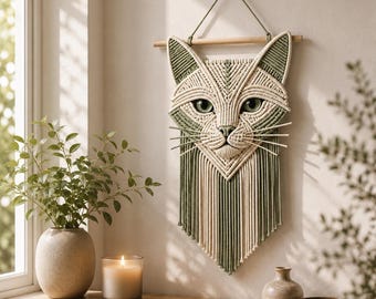 Cat Wall Hanging Crochet Pattern, Crochet Cat Wall Decor PDF, Fringe Wall Hanging, Macrame Style Cat Art