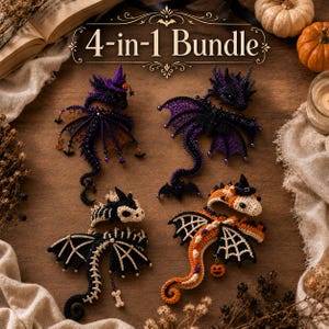May include: A 4-in-1 bundle of four crocheted dragon figures. One dragon wears a purple witch hat, another is purple and black, one features a white skeleton design on black, and the fourth is orange and white with a small pumpkin charm.