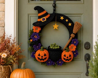Virkmönster för Halloweenkrans, Häxträdgårdskrans i PDF-format, Virkad dekoration med pumpa och kittel, Halloweendörrhängare