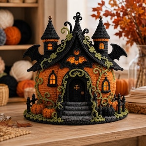 Virkmönster för Halloween-spökhus, pumpaslott i PDF-format, virkad husdekoration med gotisk häxa bild 2